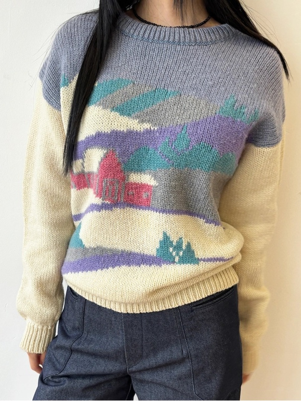 The Woolrich Women’s Vintage 100% Wool Landscape Village Knit Sweater Crewneck S